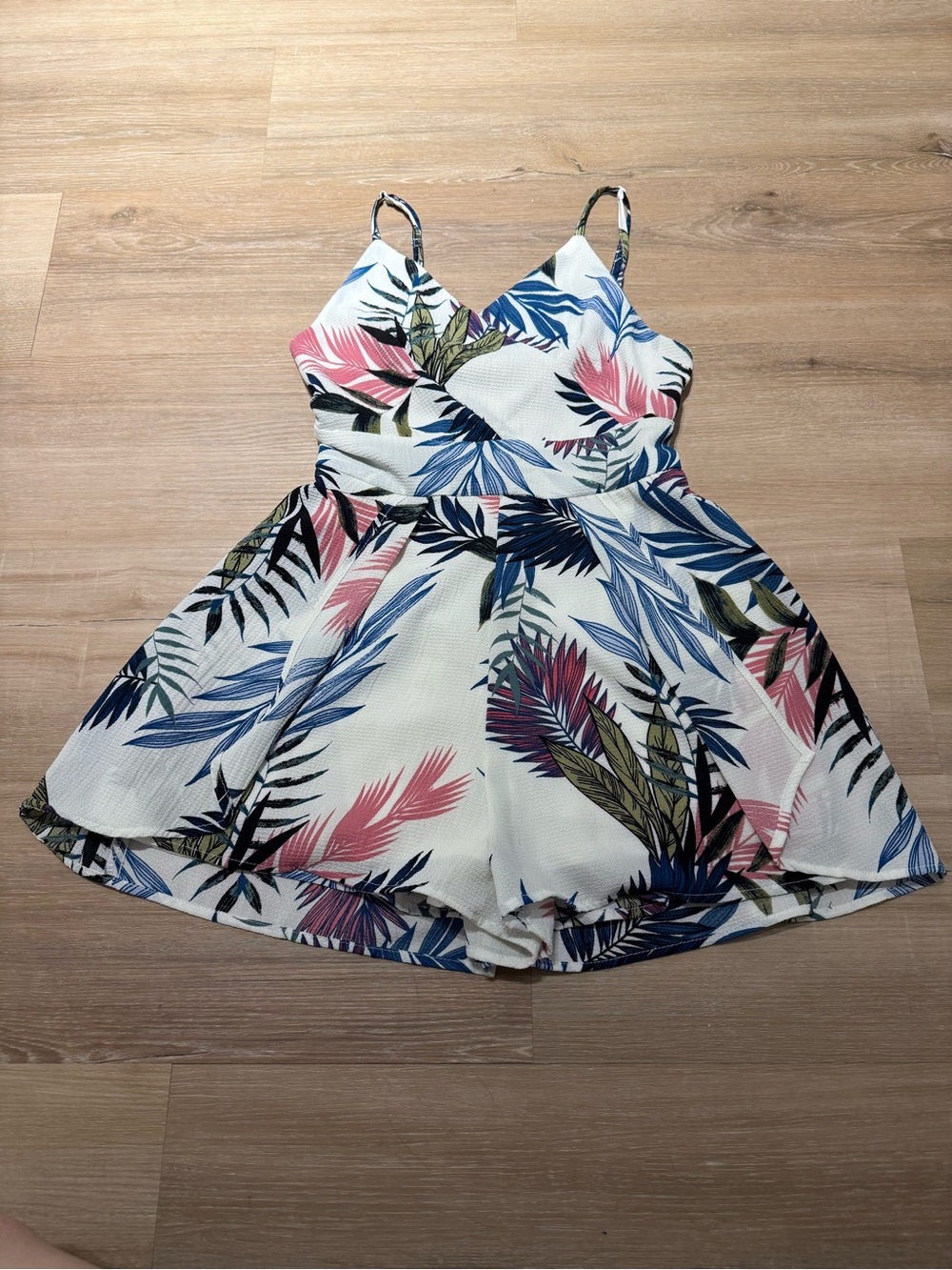 Purple Snow White Tropical Leaf Print Romper with Pink & Blue Accents